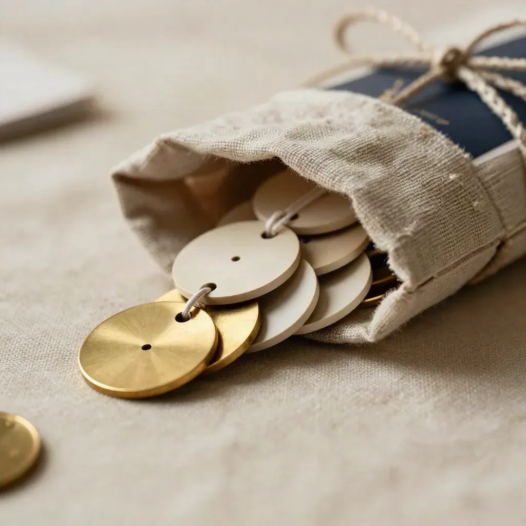 Macro of reward tokens and a redemption strip wrapped in soft linen, with a navy backing sliver.