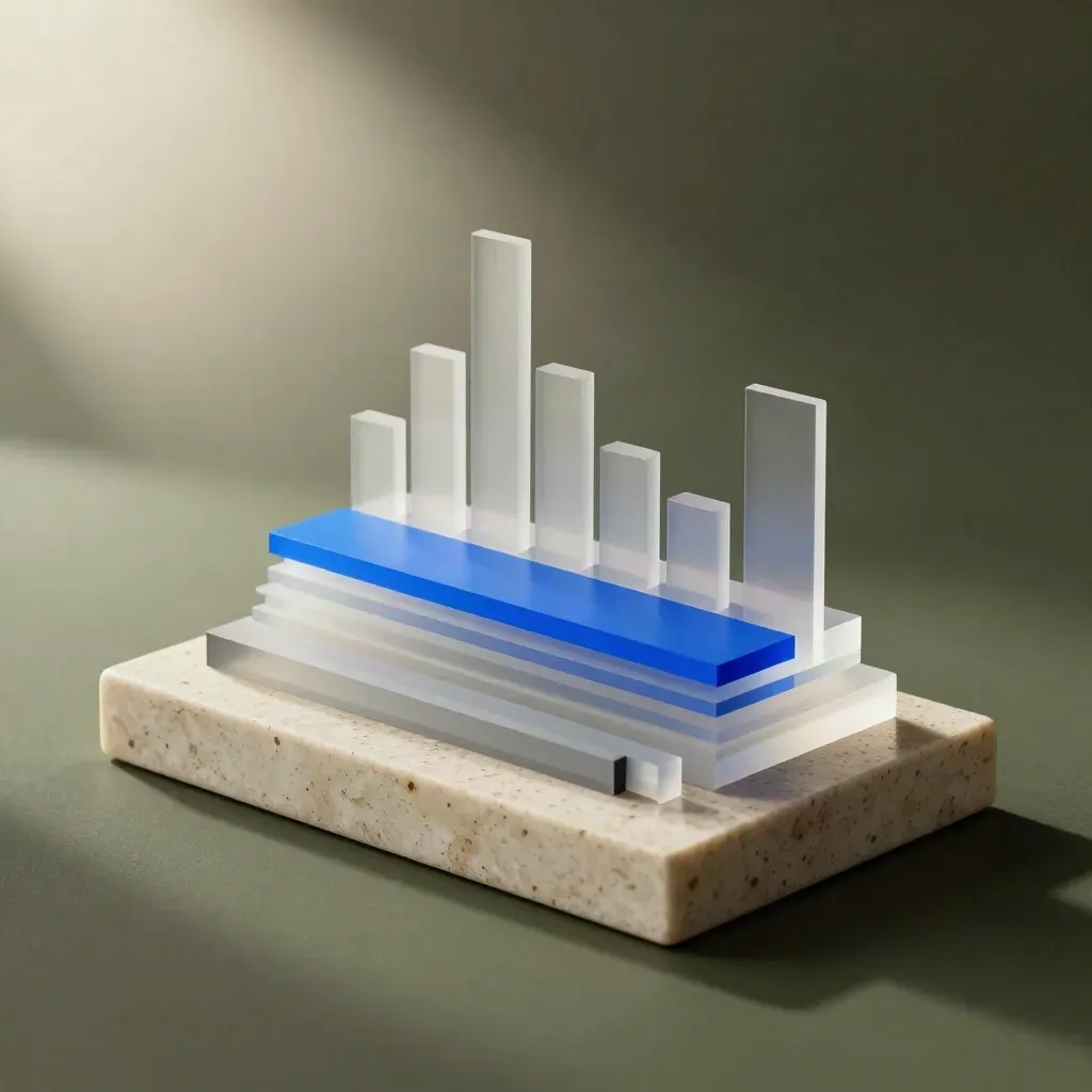 Analytics Dashboard prism with blue light band on travertine plinth in soft haze