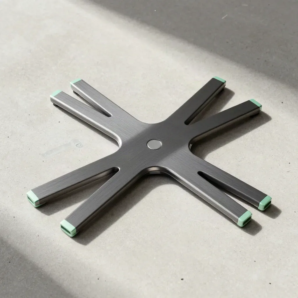 Top-down flatlay of a review syndication relay hub with radiating rails on pale concrete.