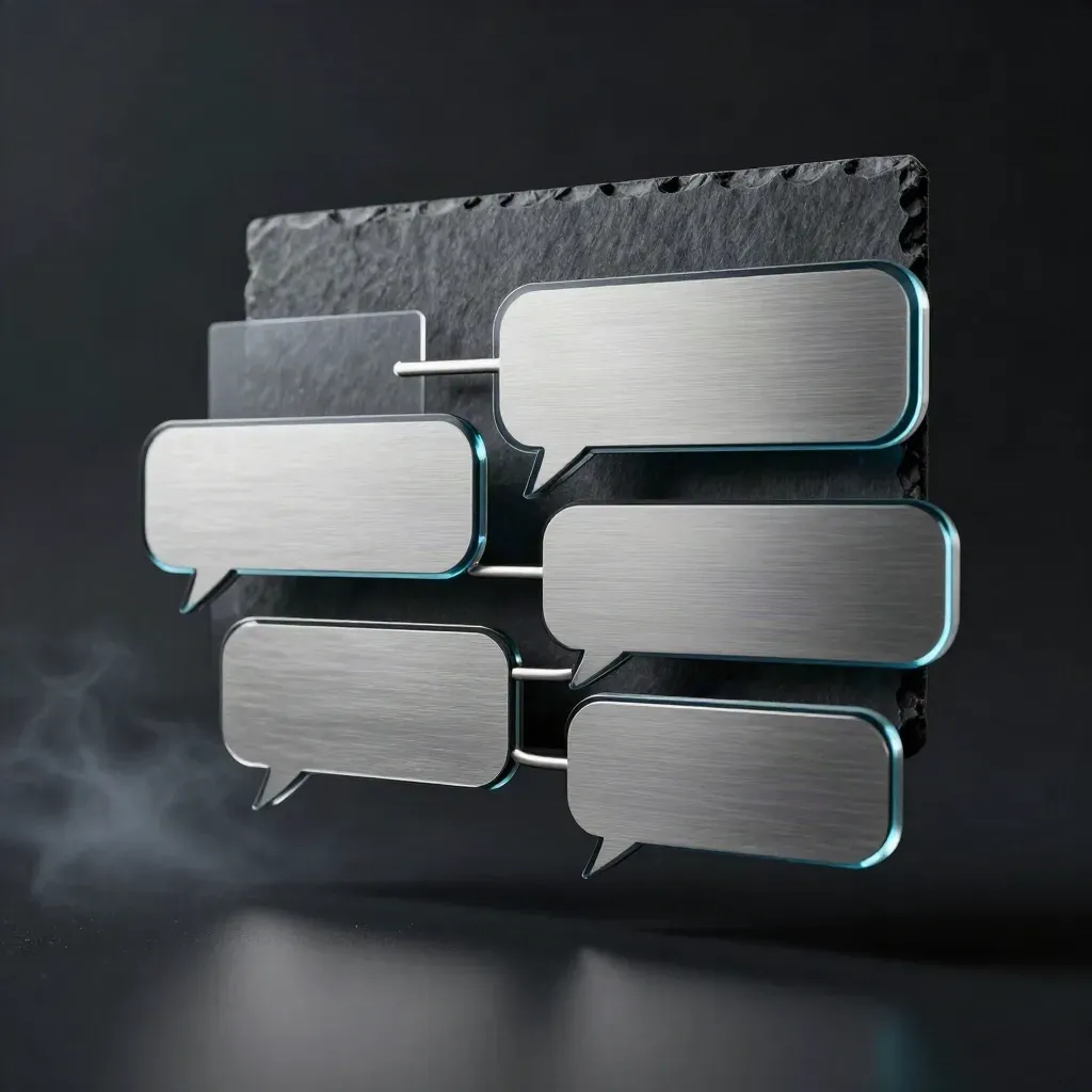 Glass-like Q&A widget pieces align into a tense diagonal on a dark studio surface.