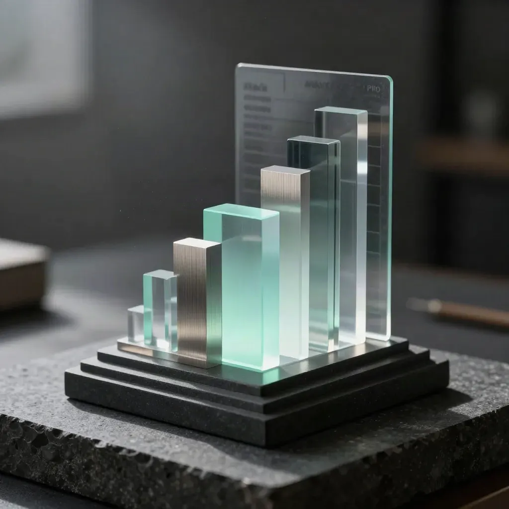 Macro prism analytics sculpture with mint-lit core on a dark stone plinth.