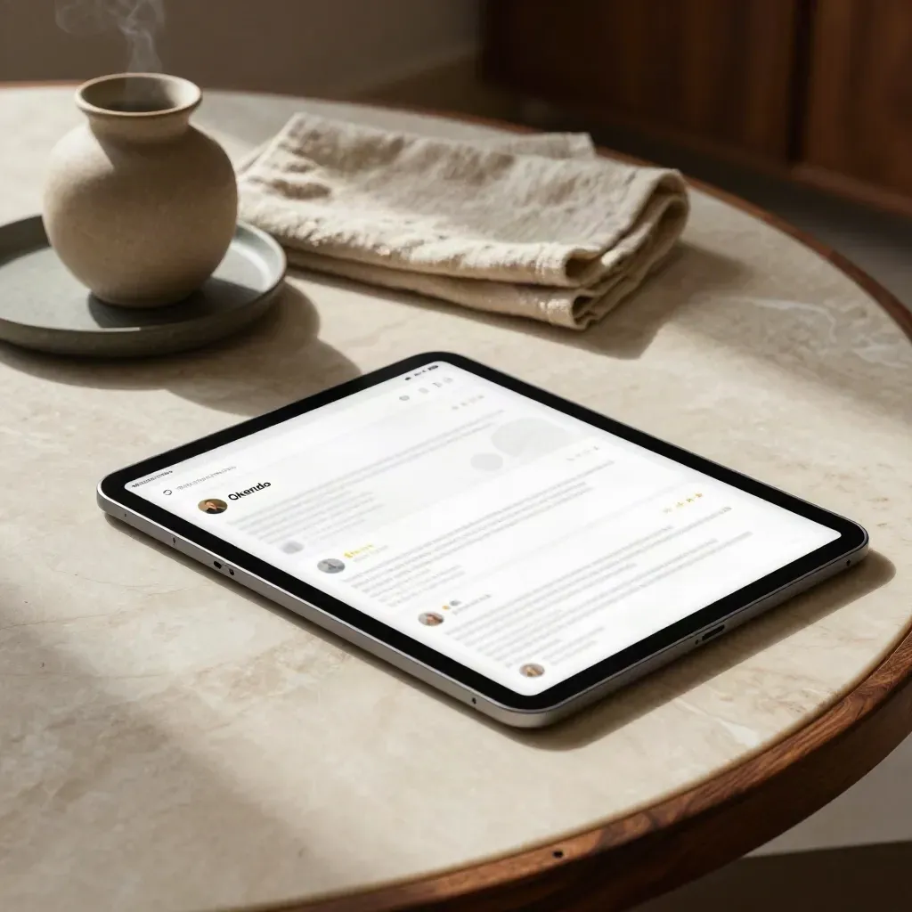 Marble tabletop with tablet, ceramic vessel and linen in soft morning light